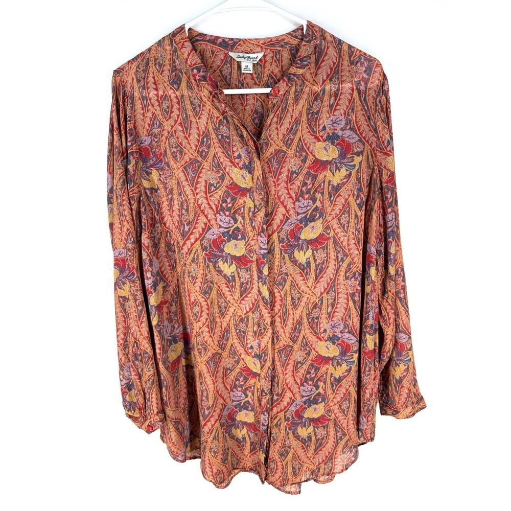 Lucky Brand Womens Red Floral Paisley Button Up Long Sleeve Blouse Medium Top